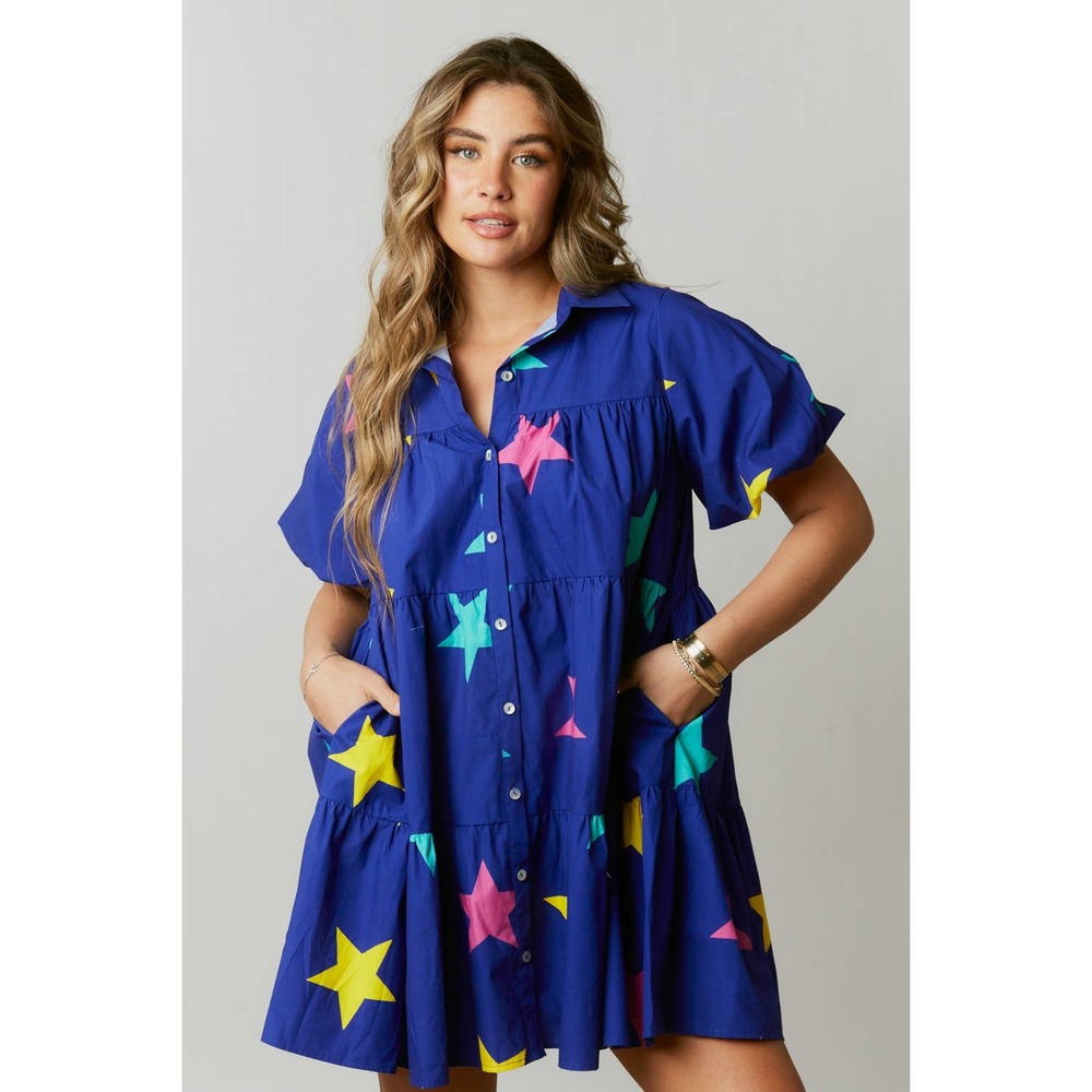 Star Print Poplin Shirt Dress